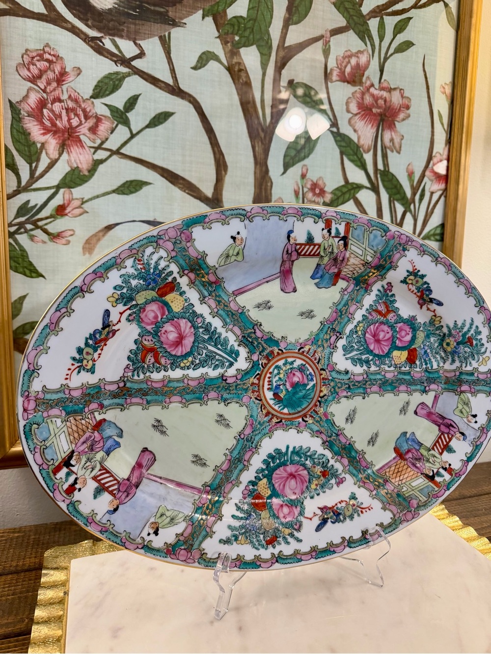 Hand-Painted Pink & Turquoise Oriental Porcelain Platter
